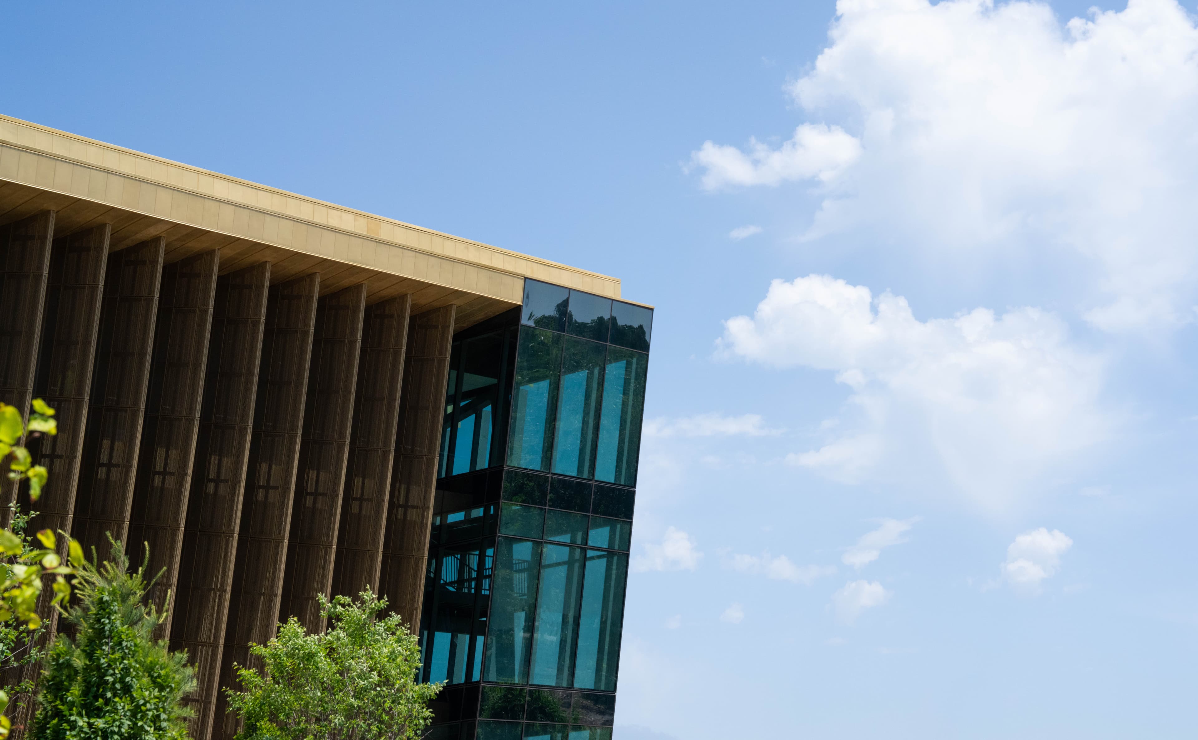 An exterior view of a campus building with unique architecture.